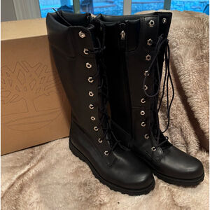 Women's Timberland Tall Boots Size 6.5 Black Leather Lace Up (youth 4.5)